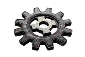 Close-up of a black leather gear with a metallic center isolated on a transparent background. showcasing industrial and mechanical themes. png
