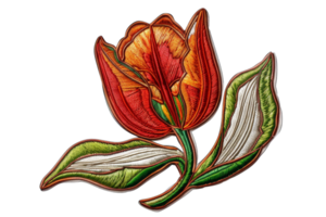 Intricate red and orange tulip flower illustration with green leaves, showcasing detailed artistry and vibrant colors. png