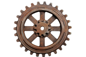 A rusted metal gear wheel with a hole in the center. The wheel is old and worn, and it has a vintage look to it. The wheel is surrounded by a white background, which emphasizes its rust and age png