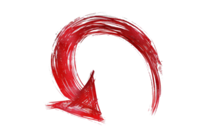 Hand-drawn red arrow forming a curved shape, pointing downward, on a transparent background, ideal for presentations and graphic design. png