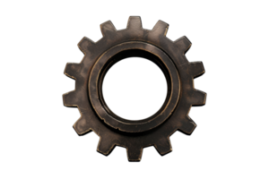 A round, rusted metal gear with a hole in the middle. The gear is old and worn, and it is a part of a larger machine. The image has a vintage, industrial feel to it png