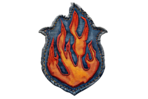 Vibrant embroidered patch featuring a fiery flame design on a denim-like background, perfect for adding a bold touch to clothing or accessories. png