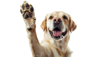 A friendly Labrador raises its paw in greeting, showcasing the playful and loving nature of the breed. Perfect for pet and animal-themed promotions. png