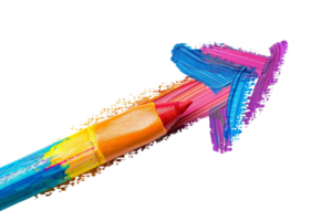 A rainbow colored pencil with a red tip is used to draw a rainbow colored arrow. Concept of creativity and playfulness, as the rainbow colors and the curved arrow suggest a fun png