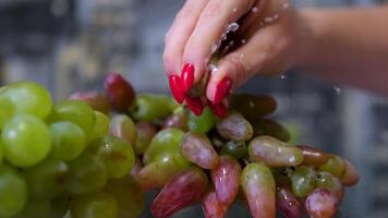woman's hand with a red manicure squeezes grapes grape juice splashed Close shot of a hand holding and squeezing some grapes with juice coming out in slow motion video