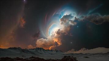Nature's Light Show, Marvel at the beauty of the aurora borealis as it shimmers and dances across the night sky, creating a breathtaking spectacle above a snow-capped mountain range. video