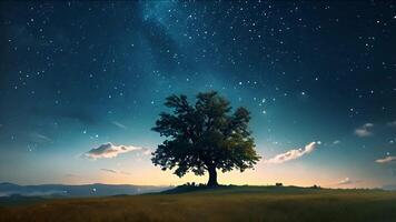 Under the vast expanse of the night sky, a single tree stands sentinel on a hilltop, bathed in the soft glow of starlight video