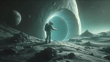 a astronauta aventurar-se através uma portal em uma distante planeta, simbolizando a humano desejo para explorar a mistérios do a universo. video