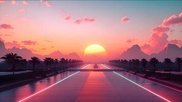 A retrofuturistic landscape bathed in the warm glow of a synthwave sunset, with a neon-lit highway stretching towards distant mountains. video