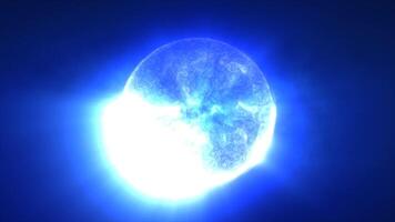 Bright blue sphere with a cosmic texture, floating against a dark background, suggesting a celestial body or energy source in deep space video