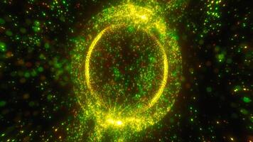 A green luminous orb sphere floating in darkness, dotted with light specks and radiating mystical energy, like a futuristic vision or sci-fi representation video