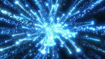 uma deslumbrante rebentar do brilhante azul luz partículas estendendo exterior dentro todos instruções, evocando uma sentido do energia, movimento, e a vastidão do espaço dentro a abstrato digital Formato video