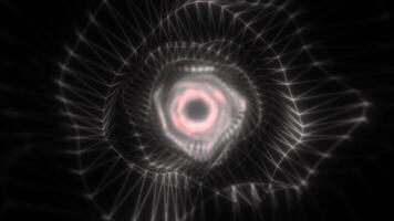A futuristic wireframe spiral with glowing black and white edges on a dark background abstract design conveys a sense of depth, technology, and digital energy video