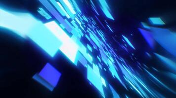 A dynamic abstract glowing blue squares moving through a dark space for conveying technology speed or digital concepts, technology and energy video