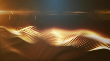 A smooth wave of golden particles on a dark background, with a warm, glowing effect, symbolizing energy or data flow, in high quality 4k, motion design video