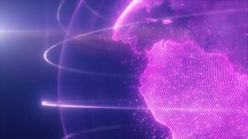 A digital representation of purple Earth with glowing lines encircling the planet, highlighting global connectivity and technology, in high quality 4k, motion design video