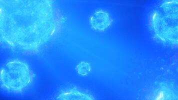 A vibrant depiction of floating blue spheres in a cosmic environment, resembling microscopic particles or cells in a glowing, ethereal space video