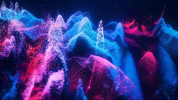 Abstract moving futuristic landscape of particles and dots of energy magic with glow and blur effect, abstract background video