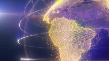A digital representation of green Earth with glowing lines encircling the planet, highlighting global connectivity and technology video