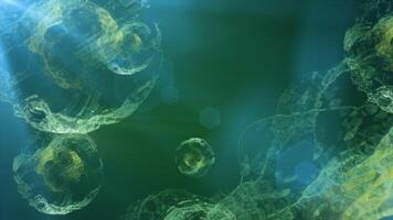 A vibrant depiction of floating green spheres in a cosmic environment, resembling microscopic particles or cells in a glowing, ethereal space, video