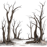 A digital painting of a forest with bare trees png