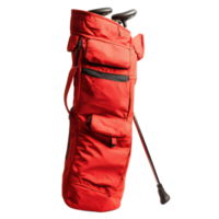 A red golf bag with a handle and a strap png