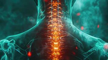 Digital composite of Highlighted spine of human with neck pain ,degenerative spinal disease problem herniated spinal disc, red glowing spinal cord to indicate pain in neck animation 4k video