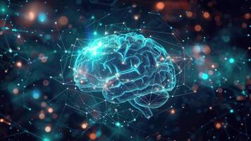 3d rendered animation of human brain with neural links and technology lines around human brain neon glowing 4k video