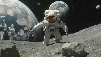 An astronaut ventures across the desolate lunar landscape, conducting research and collecting samples. A journey of discovery and a glimpse into the future of space travel. video