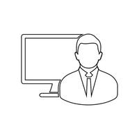 A man in a suit and tie is standing in front of a computer monitor vector