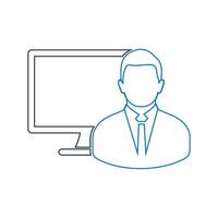 A man in a suit and tie is standing in front of a computer monitor vector