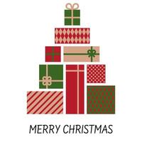 Stack of gift boxes forming a Christmas tree. Present holiday elements. vector