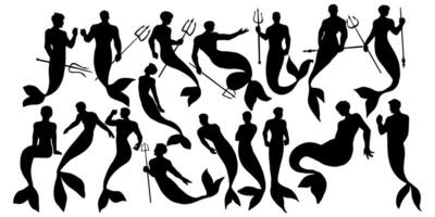 set of silhouette of merman. mermaid man hold trident isolated background. vector