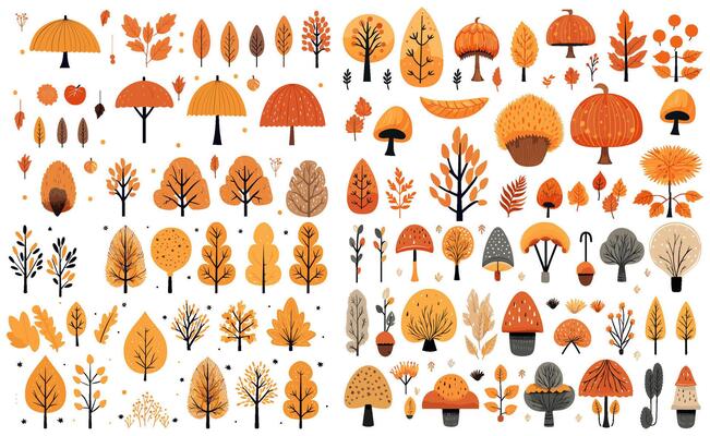 set of autumn leaves and tree. isolated on a transparent background. eps 10