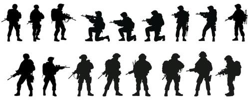 set of silhouettes army holding a gun weapon. isolated on a transparent background. eps 10 vector