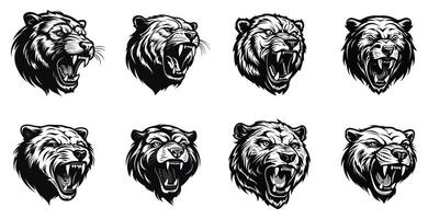 set of black and white bear head roaring logo. isolated on a transparent background. eps 10 vector