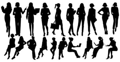set of silhouettes business woman working on laptop computer, walking with hand bag, sit with working. vector