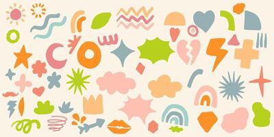 set of bold abstract objects element. handdrawn doodles. kids hand drawing. organic shapes. girl color. simple flower, thunder, cloud, line. eps 10 vector