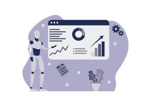 artificial intelligence robot presenting the good chart, diagram, tabs. robot help to improve business. illustration flat design eps 10 vector