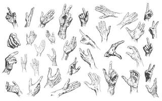 Set of hand finger gesture pose in hatch pencil sketch black and white. isolated on white background. vector