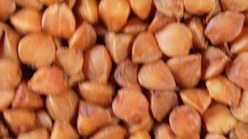Dry Uncooked Brown Buckwheat Groats Background Moving Upward - Top View, Close-Up, Macro. Raw Large Buckwheat Grains. Russian, Ukrainian and Belarusian Culture video