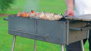 Man is Cooking Pork Barbecue in Summer in the Daytime Outdoors - Static Shot, Slow Motion. Turning Barbecue on Skewers. Hot Grilled Kebab on the Coals. Roasted or Grilled BBQ on a Skewer or Spit video