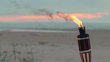Tropical Bamboo Torch Burning in the Beach at Summer Evening. Decorative Candle Has a Massive Orange Flame Using Oil Fuel or Kerosene - Slow Motion. Static Shot video