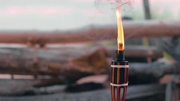 Tropical Bamboo Torch Burning in the Beach at Summer Evening. Decorative Candle Has a Massive Orange Flame Using Oil Fuel or Kerosene - Slow Motion. Static Shot video