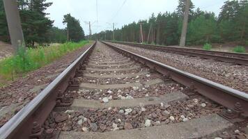 Moving Forward Along the Railroad Going Through the Pine Forest. European Railway for Electric Train - Smooth Movement on Gimbal Stabilizer video
