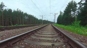 Moving Forward Along the Railroad Going Through the Pine Forest. European Railway for Electric Train - Smooth Movement on Gimbal Stabilizer video
