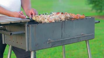 Man is Cooking Pork Barbecue in Summer in the Daytime Outdoors - Static Shot, Slow Motion. Turning Barbecue on Skewers. Hot Grilled Kebab on the Coals. Roasted or Grilled BBQ on a Skewer or Spit video