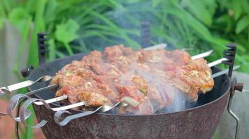 Hot Grilled Kebab Turning on the Mangal in Summer Garden. Delicious Barbecue Meat Grilling on Skewers Against the Green Nature Background. Summer Holiday Picnic Concept - Slow Motion. Middle CloseUp video