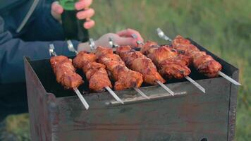 Man is Cooking Pork Meat Outdoors, Holding Beer in Green Bottle and Turning Barbecue on Skewers. Hot Grilled Kebab on the Coals. Picnic Food Preparing. Middle Close-Up Shot video