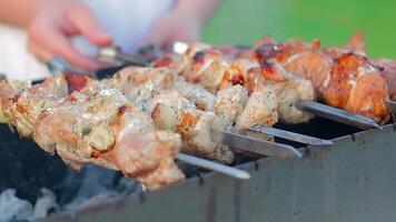 Man is Cooking Pork Barbecue in Summer in the Daytime Outdoors - Close-Up, Static Shot, Slow Motion. Turning Barbecue on Skewers. Hot Grilled Kebab on the Coals. Roasted or Grilled BBQ on a Skewer or Spit video